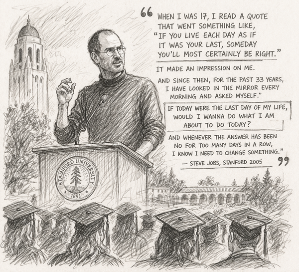 Steve Jobs delivering his Commencement Speech at Stanford 2005 - AI-generated